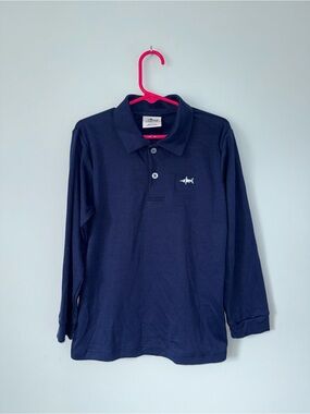 Southern Proper Navy Long-Sleeve Polo with Shark Embroidery
